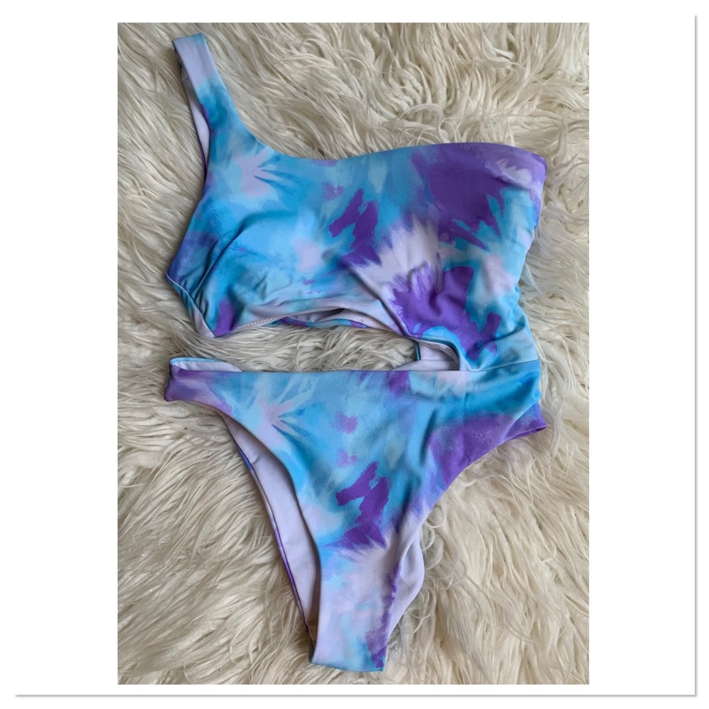 Pink Lily Tie Dye Cut Out One Shoulder One Piece Swimsuit Blue Purple XS